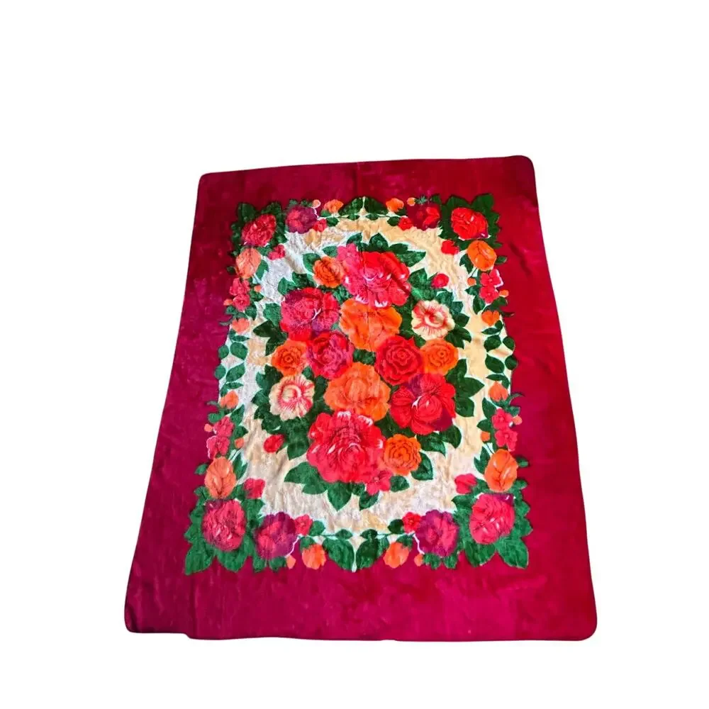 Vintage Wonu Korean mink reversible blanket vibrant red rose floral 73x88”